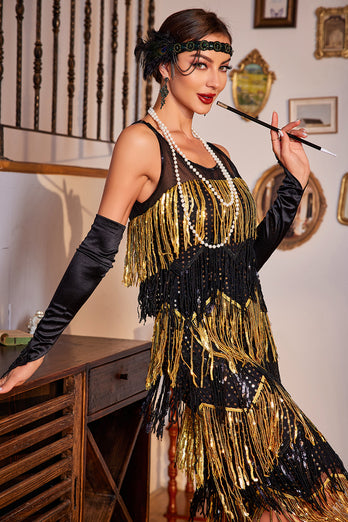 Sparkly Black and Golden Sequined Fringed 1920s Gatsby Flapper Dress