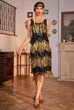 Sparkly Black and Golden Sequined Fringed 1920s Gatsby Flapper Dress