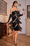 Sparkly Black and Golden Fringed Sequins 1920s Flapper Dress