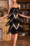 Sparkly Black and Golden Fringed Sequins 1920s Flapper Dress