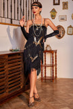 Sparkly Black and Golden Fringed Sequins 1920s Flapper Dress