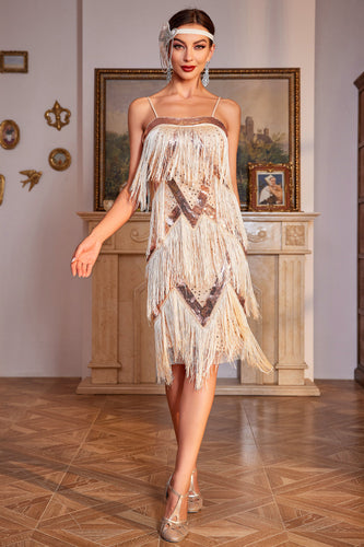 Sparkly Champagne Fringed Sequins 1920s Gatsby Dress