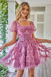 Floral A Line Dusty Rose Short Formal Dress with Ruffles