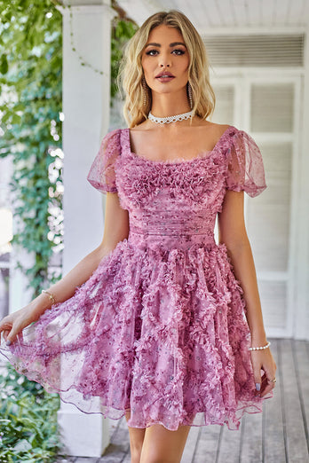 Floral A Line Dusty Rose Short Formal Dress with Ruffles