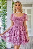 Floral A Line Dusty Rose Short Formal Dress with Ruffles