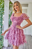 Floral A Line Dusty Rose Short Formal Dress with Ruffles