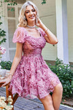 Floral A Line Dusty Rose Short Formal Dress with Ruffles