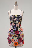 Black Spaghetti Straps Sheath Short Formal Dress with 3D Flowers