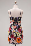 Black Spaghetti Straps Sheath Short Formal Dress with 3D Flowers