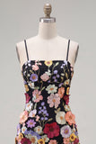 Black Spaghetti Straps Sheath Short Formal Dress with 3D Flowers
