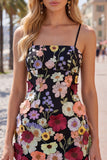 Black Spaghetti Straps Sheath Short Formal Dress with 3D Flowers