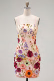 Black Spaghetti Straps Sheath Short Formal Dress with 3D Flowers