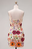 Black Spaghetti Straps Sheath Short Formal Dress with 3D Flowers