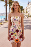 Black Spaghetti Straps Sheath Short Formal Dress with 3D Flowers