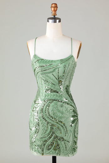 Sparkly Green Sheath Spaghetti Straps Cocktail Dress with Criss Cross Back