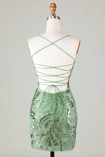 Sparkly Green Sheath Spaghetti Straps Cocktail Dress with Criss Cross Back