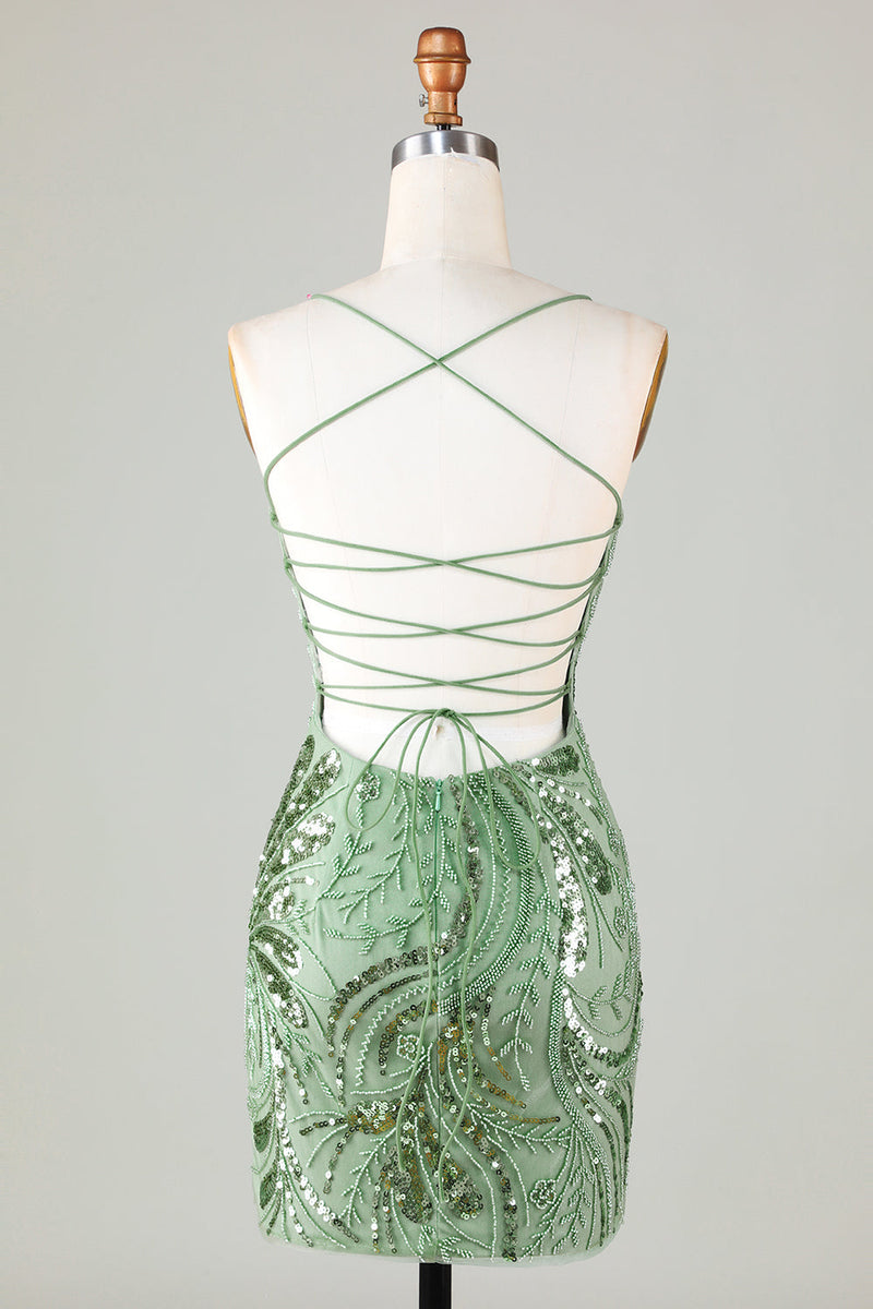 Load image into Gallery viewer, Sparkly Green Sheath Spaghetti Straps Cocktail Dress with Criss Cross Back