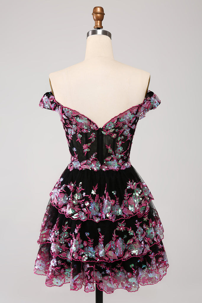 ZAPAKA Women Sparkly Cocktail Dress with Lace Hot Pink A Line Tiered
