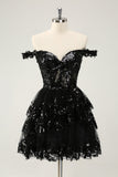 Sparkly Black A Line Off The Shoulder Corset Tiered Lace Short Cocktail Dress