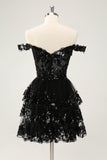 Sparkly Black A Line Off The Shoulder Corset Tiered Lace Short Cocktail Dress