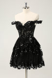 Sparkly Black A Line Off The Shoulder Corset Tiered Lace Short Cocktail Dress