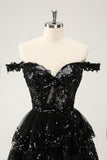 Sparkly Black A Line Off The Shoulder Corset Tiered Lace Short Cocktail Dress