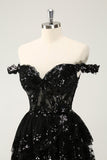 Sparkly Black A Line Off The Shoulder Corset Tiered Lace Short Cocktail Dress