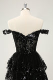 Sparkly Black A Line Off The Shoulder Corset Tiered Lace Short Cocktail Dress