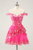 Sparkly Hot Pink A Line Tiered Corset Cocktail Dress with Lace