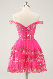 Sparkly Hot Pink A Line Tiered Corset Cocktail Dress with Lace