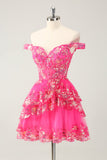 Sparkly Hot Pink A Line Tiered Corset Cocktail Dress with Lace