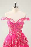 Sparkly Hot Pink A Line Tiered Corset Cocktail Dress with Lace