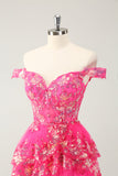 Sparkly Hot Pink A Line Tiered Corset Cocktail Dress with Lace