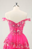 Sparkly Hot Pink A Line Tiered Corset Cocktail Dress with Lace