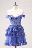 Sparkly Dark Blue A Line Off the Shoulder Corset Cocktail Dress with Ruffles