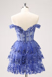 Sparkly Dark Blue A Line Off the Shoulder Corset Cocktail Dress with Ruffles