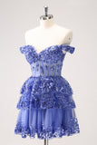 Sparkly Dark Blue A Line Off the Shoulder Corset Cocktail Dress with Ruffles