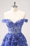 Sparkly Dark Blue A Line Off the Shoulder Corset Cocktail Dress with Ruffles