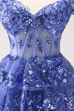 Sparkly Dark Blue A Line Off the Shoulder Corset Cocktail Dress with Ruffles