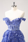 Sparkly Dark Blue A Line Off the Shoulder Corset Cocktail Dress with Ruffles