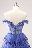 Sparkly Dark Blue A Line Off the Shoulder Corset Cocktail Dress with Ruffles