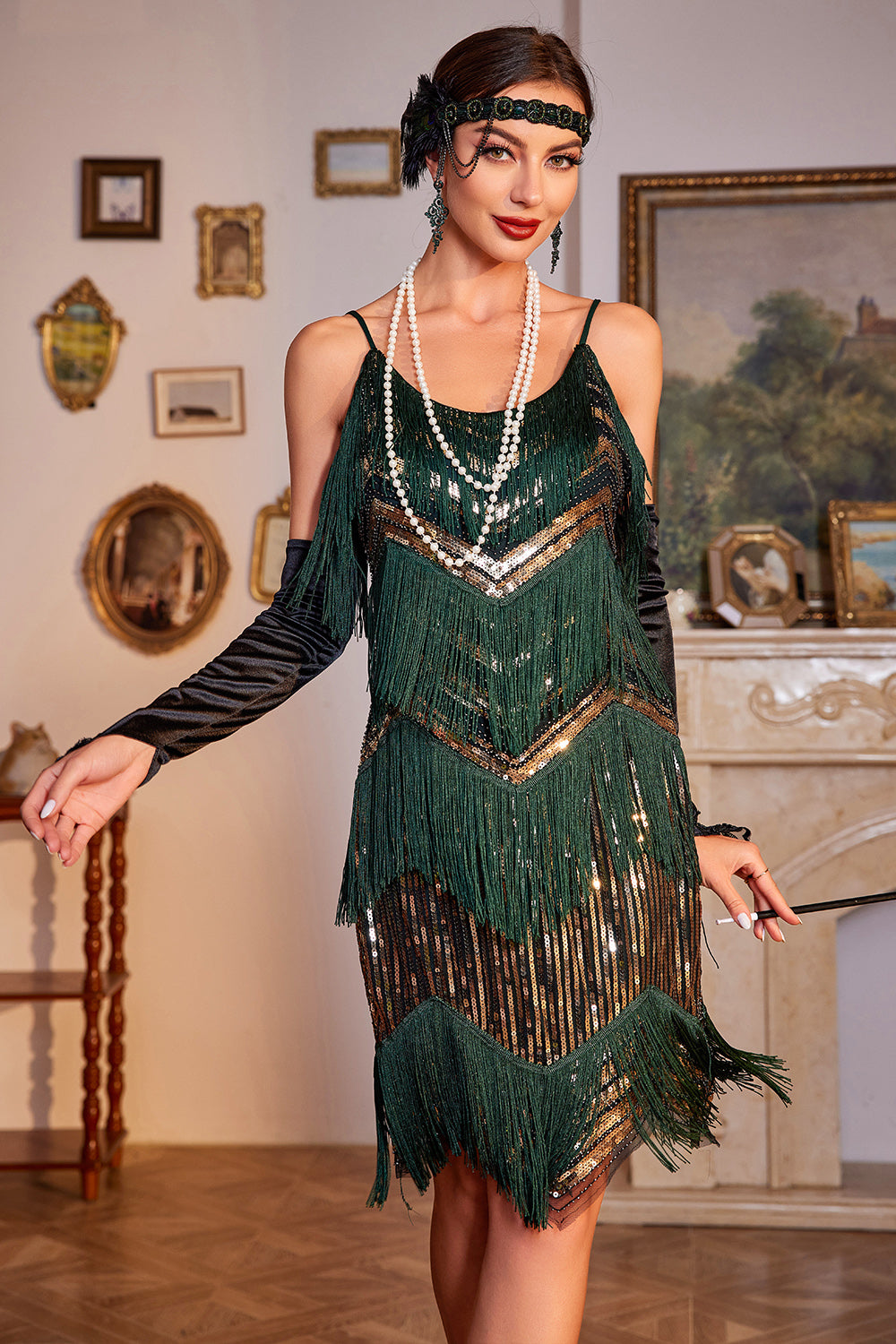 Sparkly Dark Green Sequined Fringed 1920s Gatsby Dress