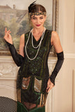 Black Green Sequins 1920s Flapper Dress with Fringe