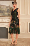 Black Green Sequins 1920s Flapper Dress with Fringe