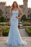 Sparkly Light Blue Floral Beaded Mermaid Long Formal Dress