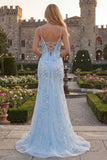 Sparkly Light Blue Floral Beaded Mermaid Long Formal Dress