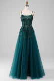 Gorgeous A Line Spaghetti Straps Dark Green Long Formal Dress with Appliques