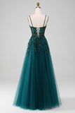 Gorgeous A Line Spaghetti Straps Dark Green Long Formal Dress with Appliques