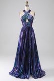 Stunning A Line Halter Neck Purple Long Formal Dress with Keyhole Split Front