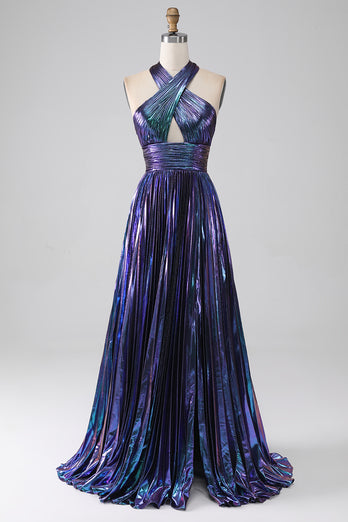 Sparkly Purple Halter A Line Formal Dress with Pleated
